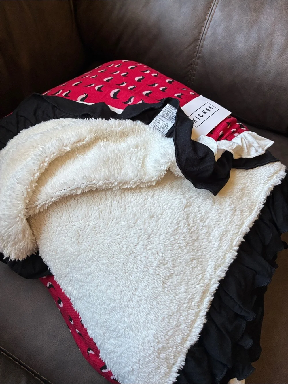 Kickee Pants Red Penguin Print Ruffle Baby Blanket